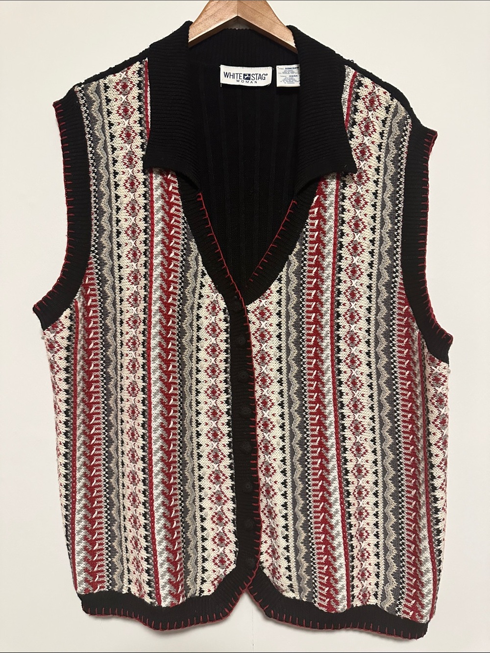 White Stag Sleeveless Knit Button Up Vest in Black, Red & Cream